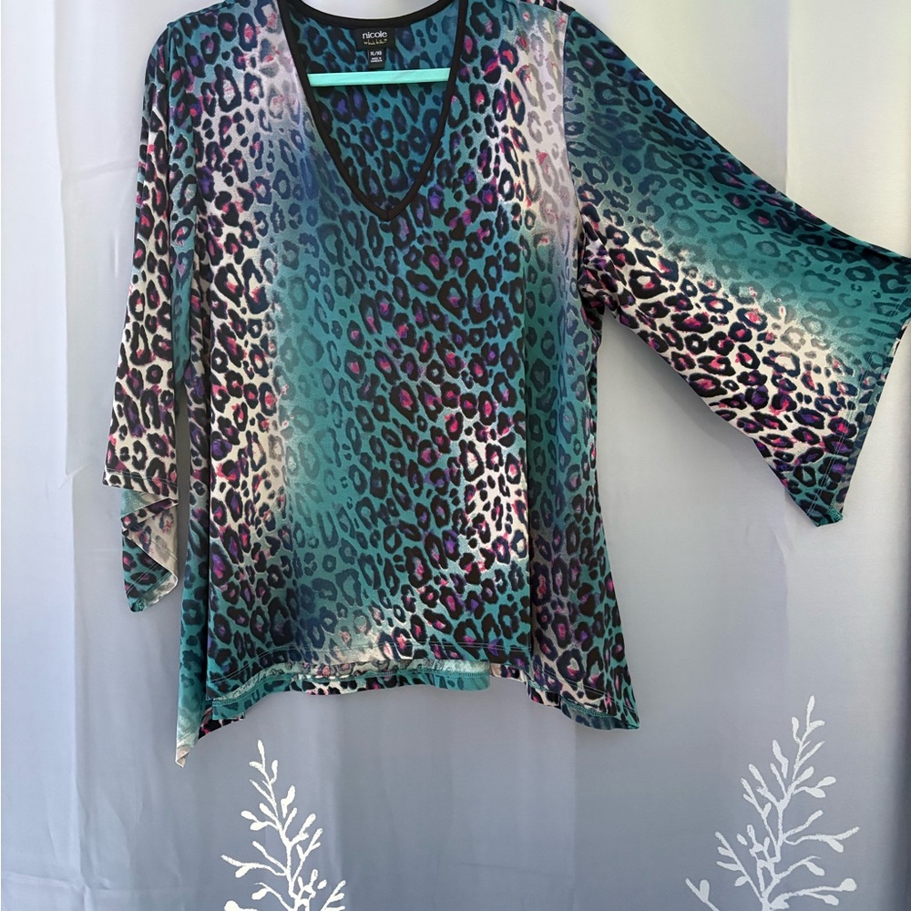 Nicole by Nicole Miller Teal and Purple Leopard Blouse